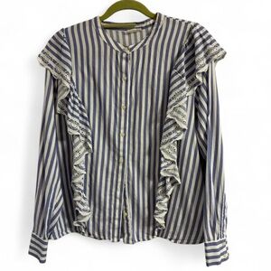 GAP Blue White Striped Button-Front Cotton Blouse with Ruffles Embroidered XL